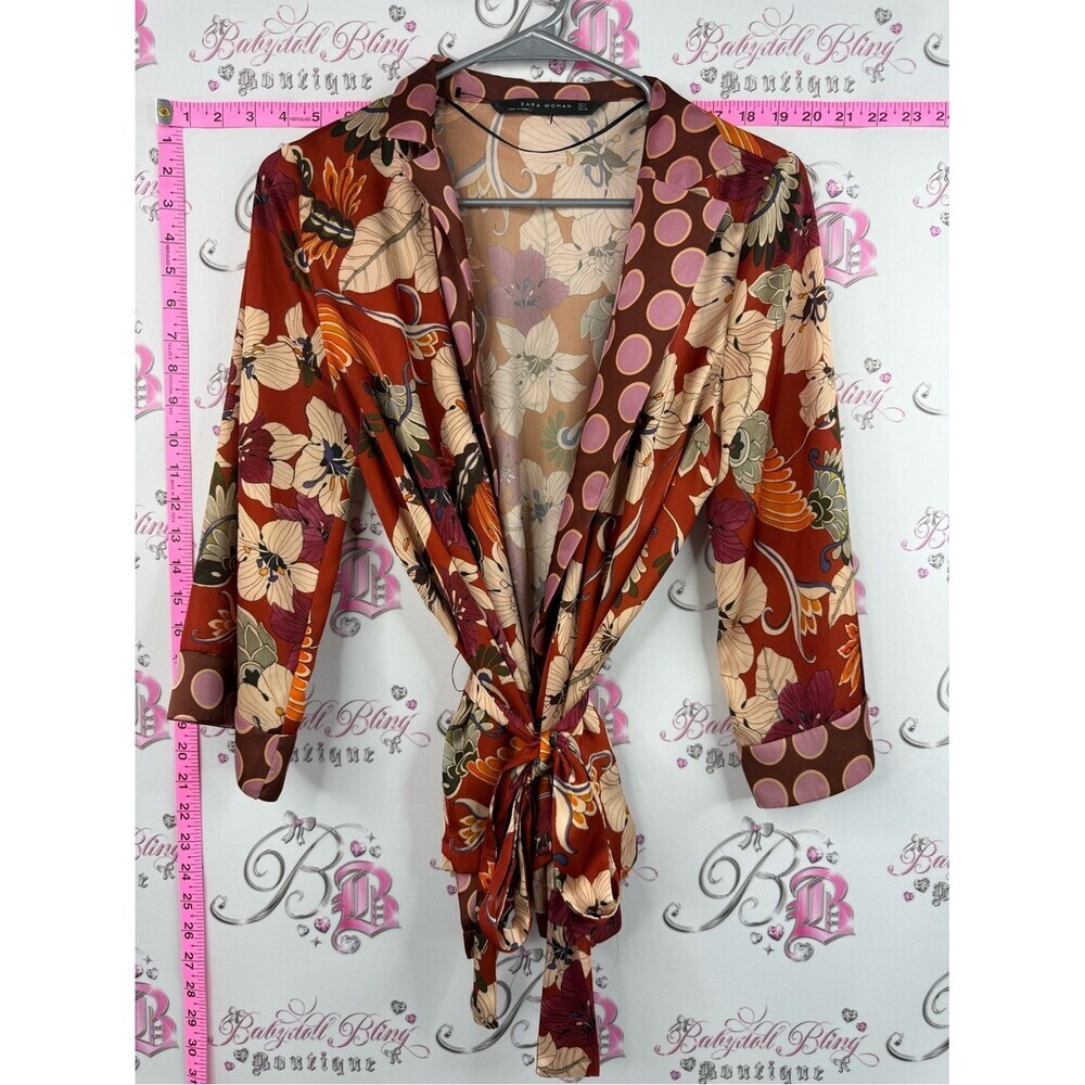 Zara shirt blouse belted tie Rust Floral Tie-Front Blouse with Pink Polka Trim